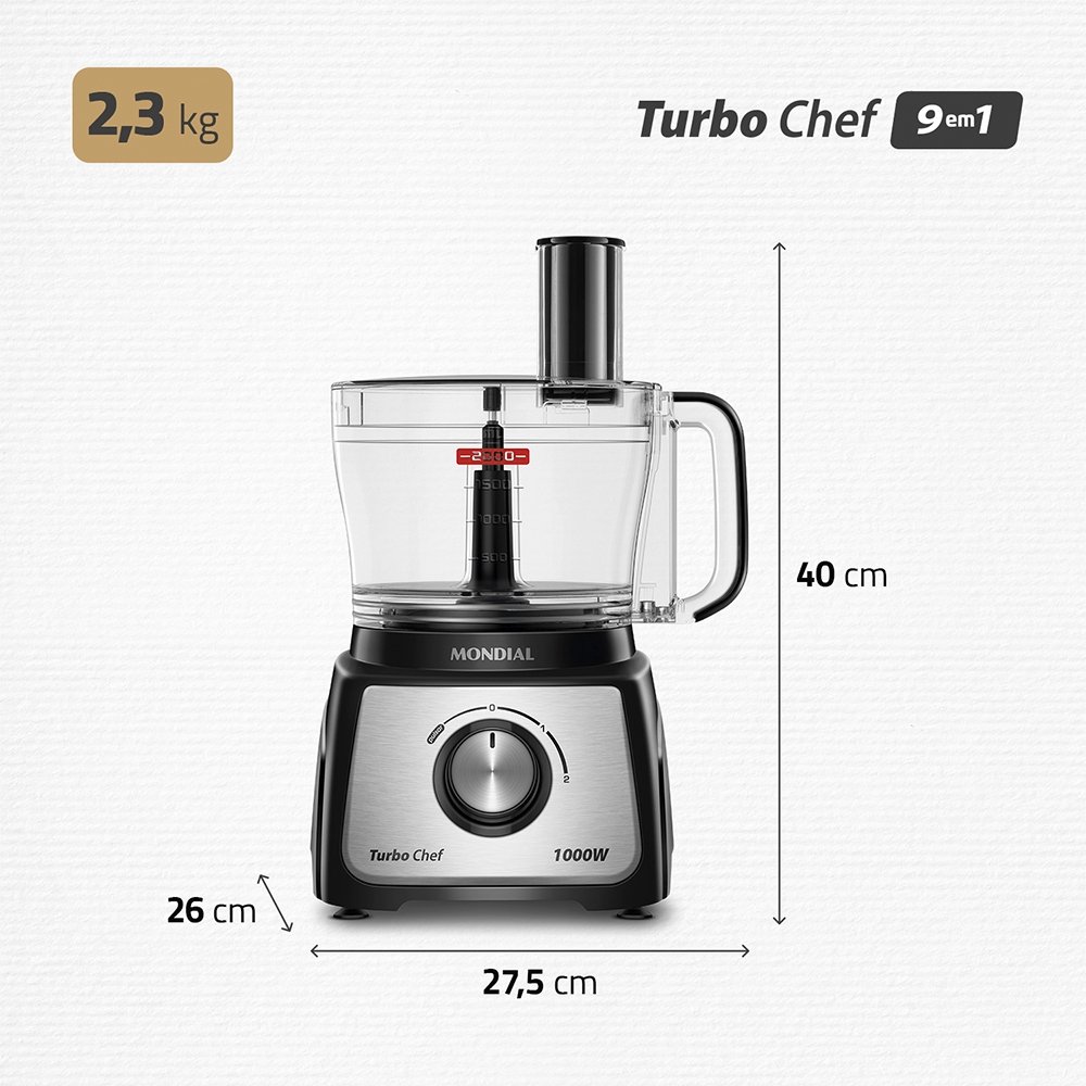 Multiprocessador de Alimentos Mondial MPN01BF Turbo Chef - 9 em 1, 2 Velocidades + Turbo, 1000W, Preto, 110V