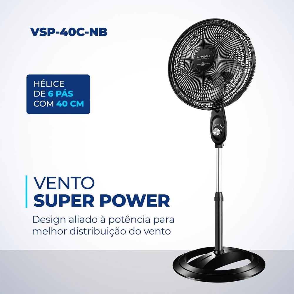 Ventilador de Coluna Mondial VSP-40C Super Power - com 3 Velocidades, Modo Silencioso, Preto/Prata, 110V