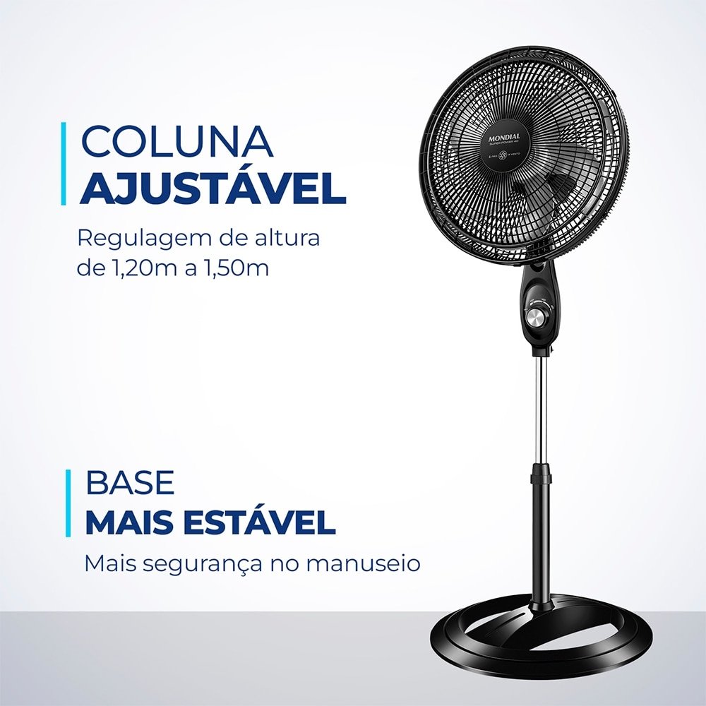 Ventilador de Coluna Mondial VSP-40C Super Power - com 3 Velocidades, Modo Silencioso, Preto/Prata, 110V