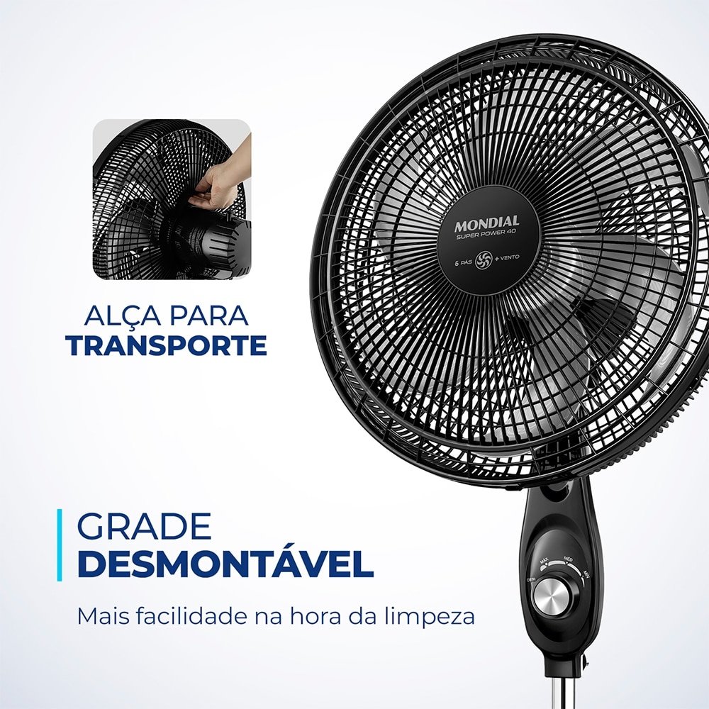 Ventilador de Coluna Mondial VSP-40C Super Power - com 3 Velocidades, Modo Silencioso, Preto/Prata, 110V
