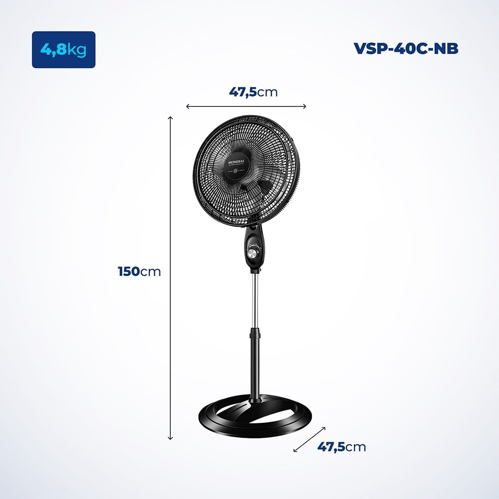 Ventilador de Coluna Mondial VSP-40C Super Power - com 3 Velocidades, Modo Silencioso, Preto/Prata, 110V