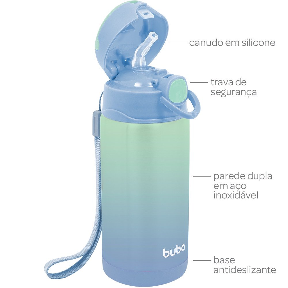 Garrafa Térmica Infantil Buba Azul e Verde Com Canudo 400ml