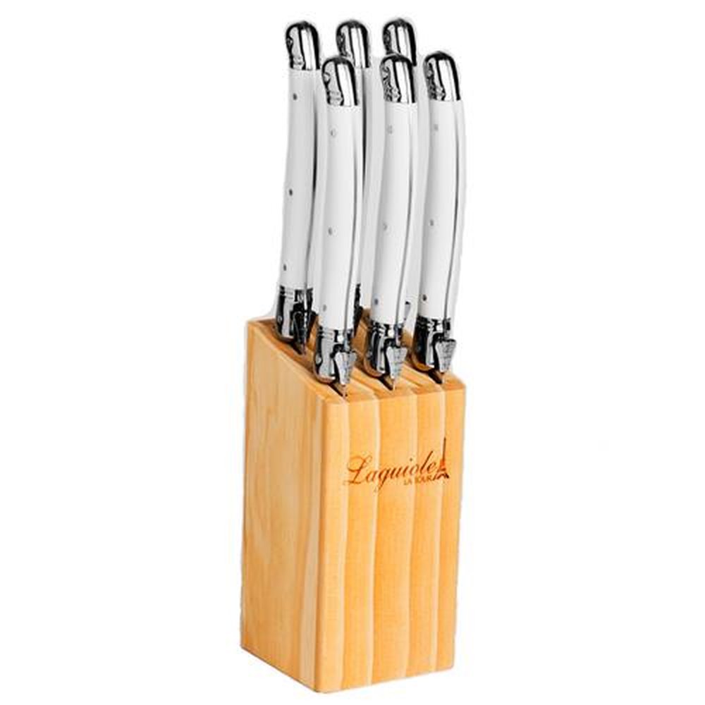 Conjunto De 6 Facas Laguiole La Tour Luxo Com Cepo De Madeira - Branco
