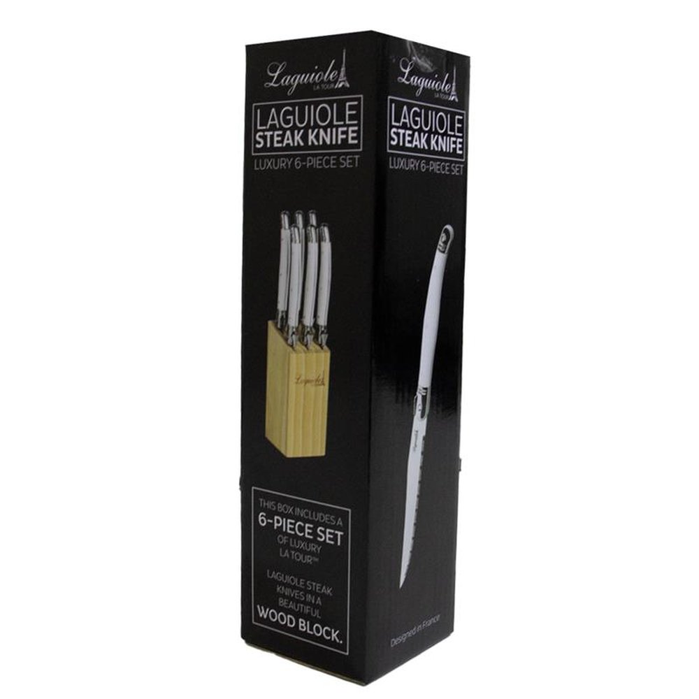 Conjunto De 6 Facas Laguiole La Tour Luxo Com Cepo De Madeira - Branco