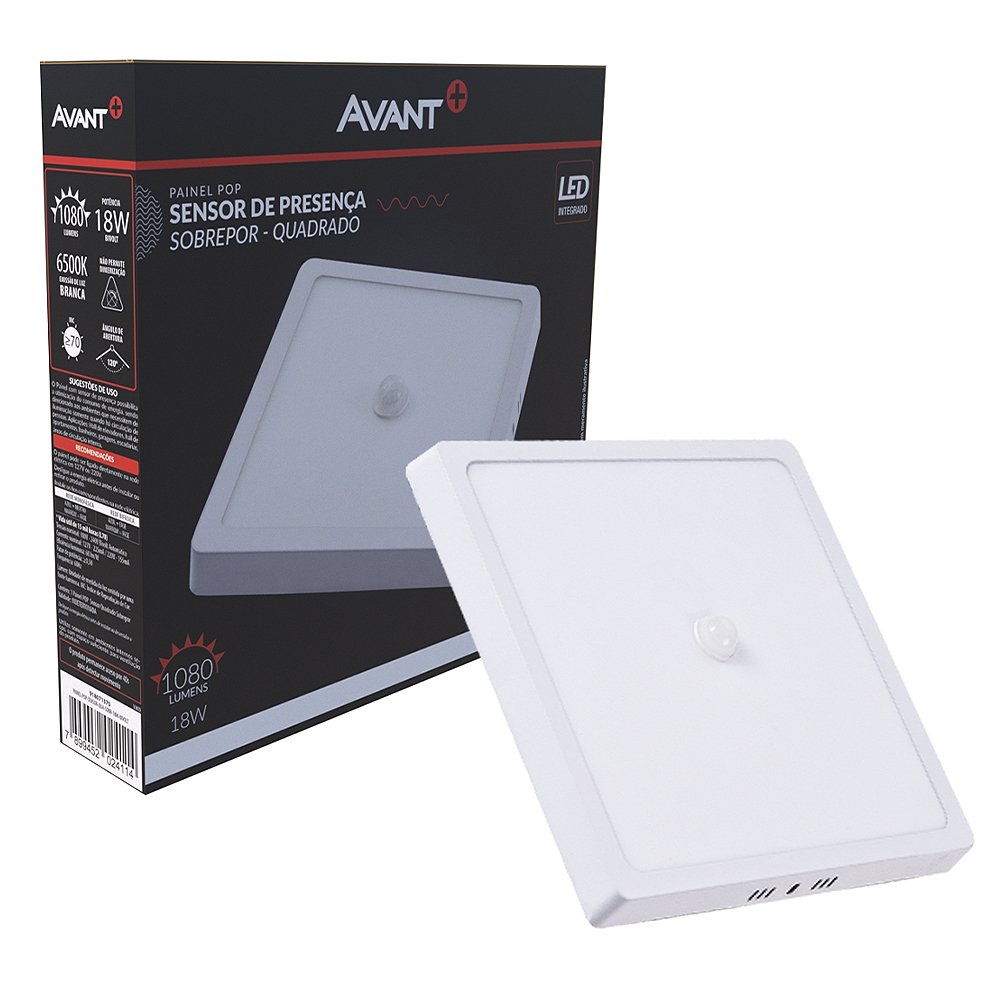 Plafon Painel Avant LED Quadrado Sobrepor - Sensor de Presença, 18W, 22cm, 1080 Lúmens