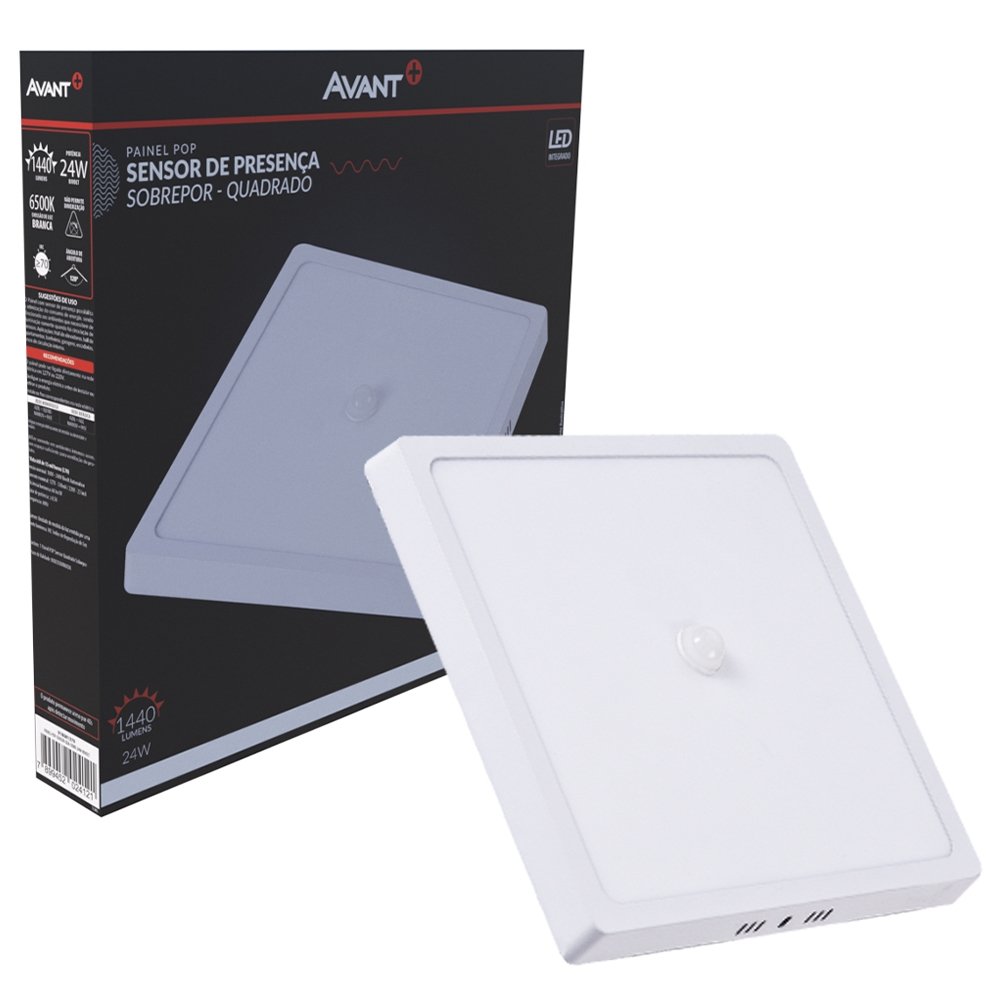 Plafon Painel Avant Led Quadrado Sobrepor - Sensor de Presença, 24W, 29cm, 1440 Lúmens