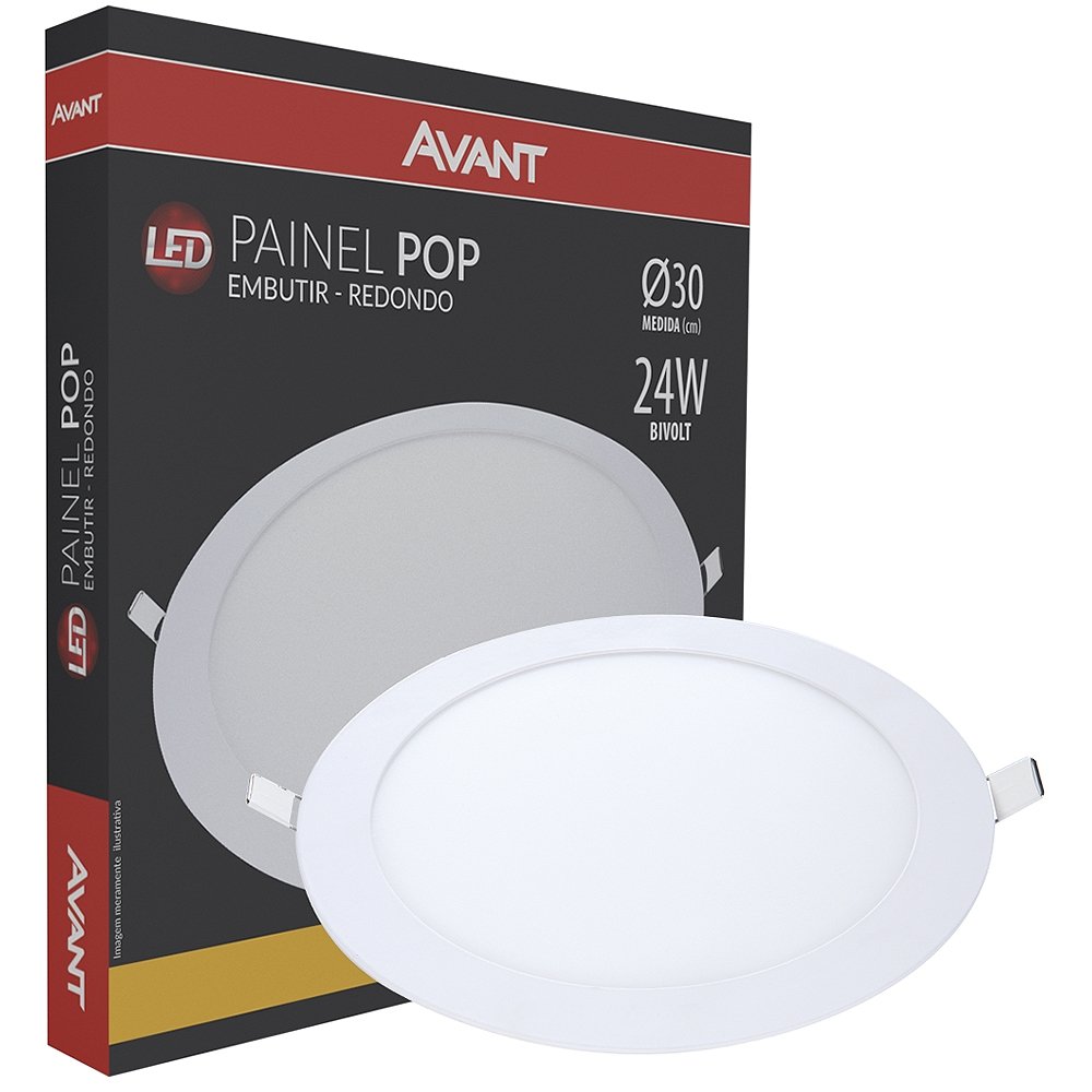 Plafon Painel Avant Led 29cm Alumínio Redondo Embutir, 3K, 24W, 30cm, 1680 Lúmens
