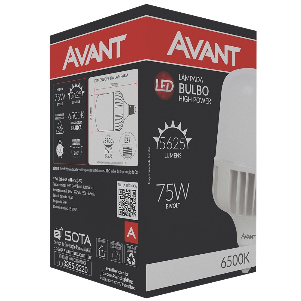 Lâmpada Led Avant Bulbo HP 75W, E27, 6,5K Branca, 25000Hr, 5625 Lumens, Bivolt