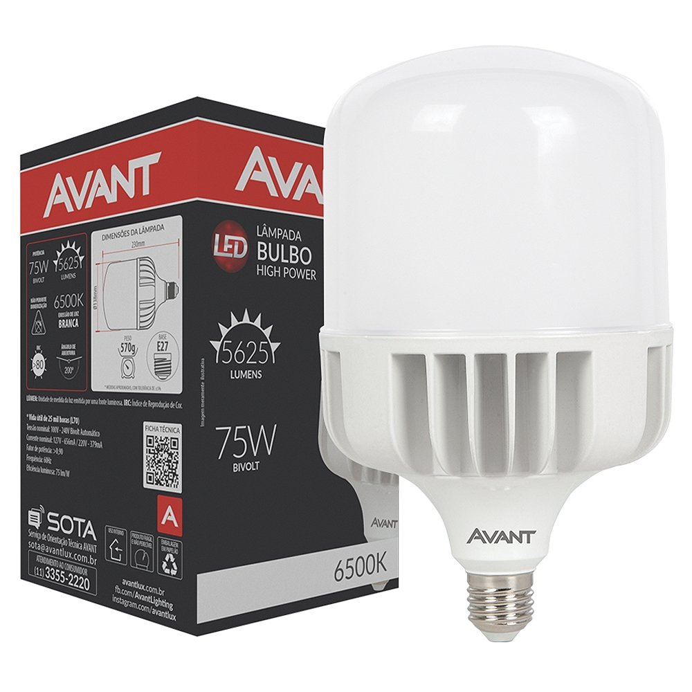 Lâmpada Led Avant Bulbo HP 75W, E27, 6,5K Branca, 25000Hr, 5625 Lumens, Bivolt