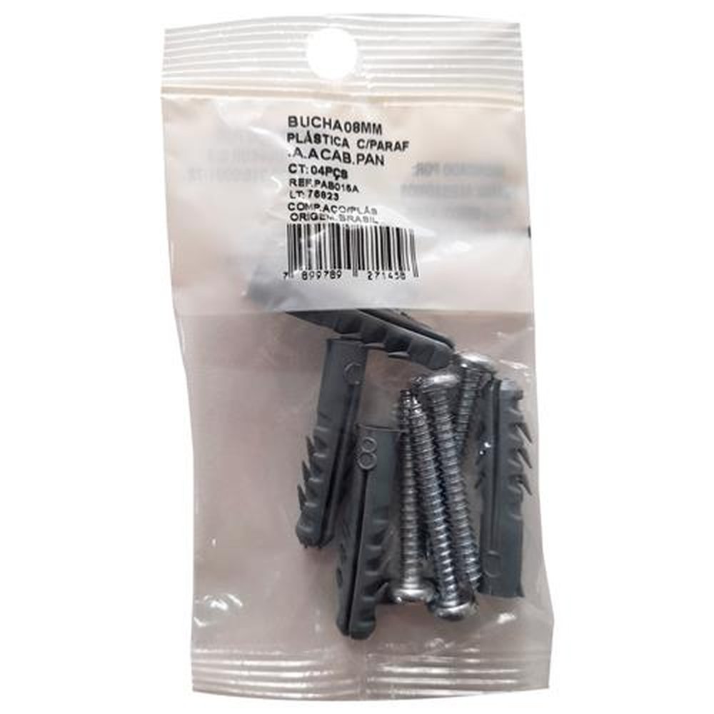 Bucha 8mm Plástico Com Parafuso Autoatarraxante Cabeça Panela 4,8x38 - 5 Buchas e 5 Parafusos