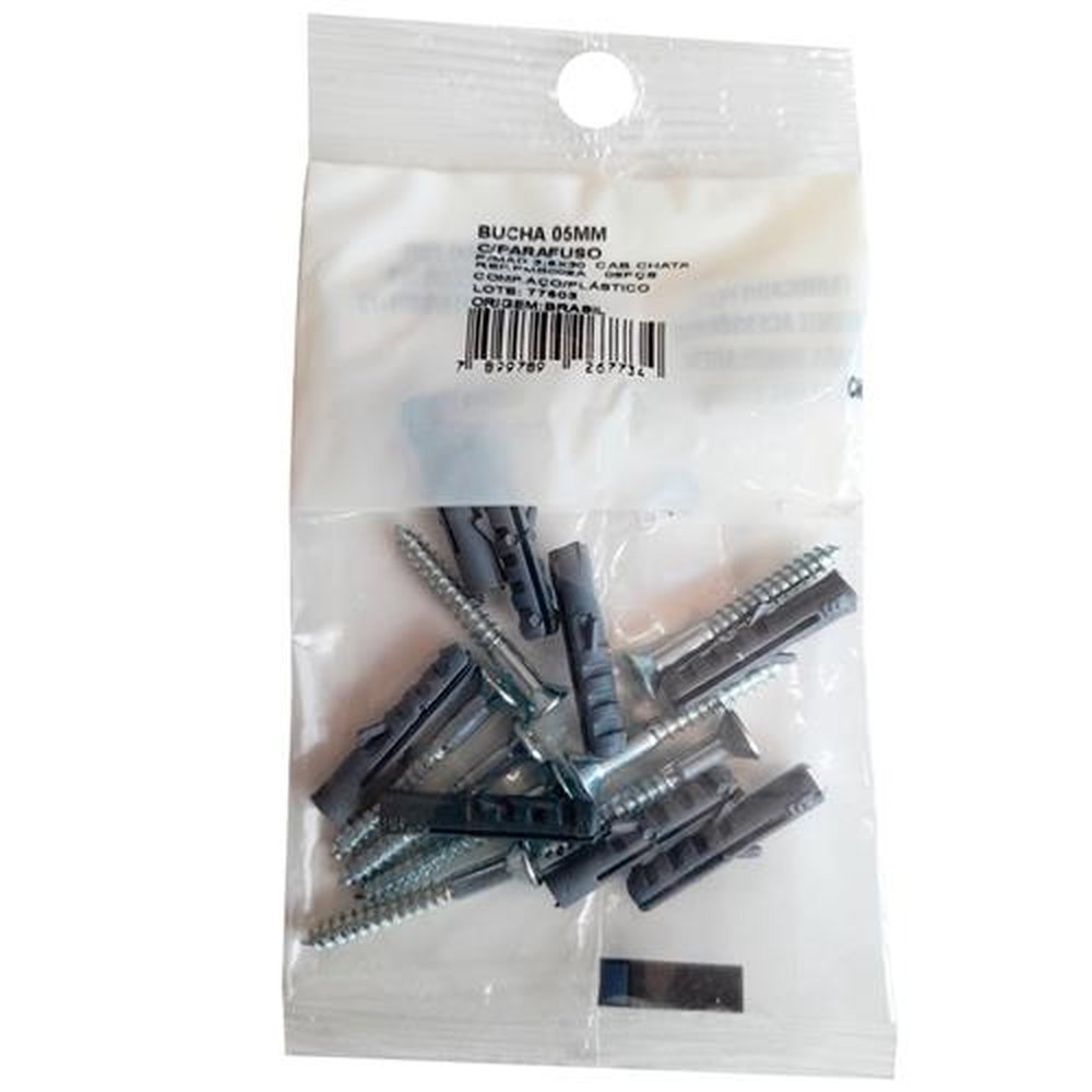 Bucha 5mm Plástico Com Parafuso Madeira Cabeça Chata 3,5x30 - 8 Buchas e 8 Parafusos
