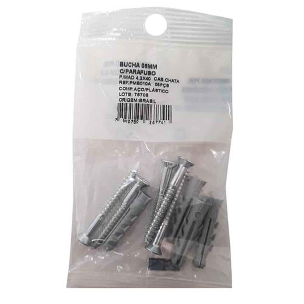 Bucha 6mm Plástico Com Parafuso Madeira Cabeça Chata 4,2x40 - 5 Buchas e 5 Parafusos