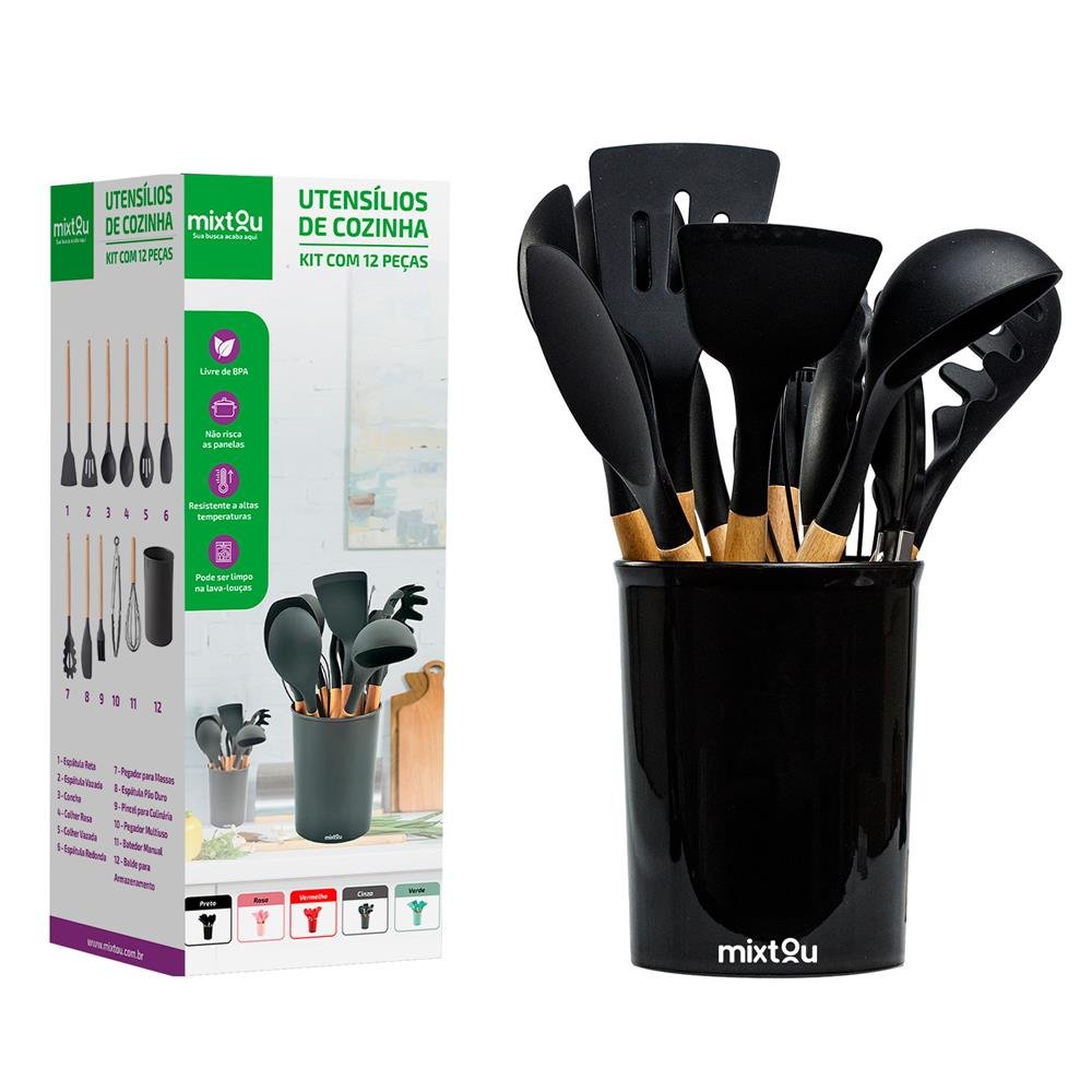 Kit de Utensílios de Silicone para Cozinha 12 Peças Preto