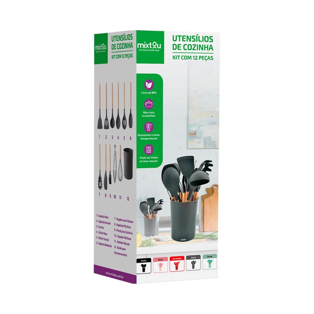 Kit de Utensílios de Silicone para Cozinha 12 Peças - Rosa