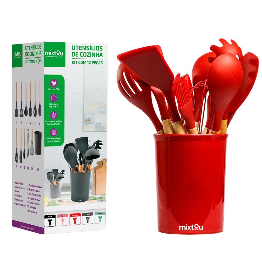 Kit de Utensílios de Silicone para Cozinha 12 Peças Vermelho