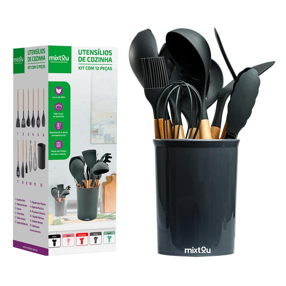 Kit de Utensílios de Silicone para Cozinha 12 Peças - Cinza