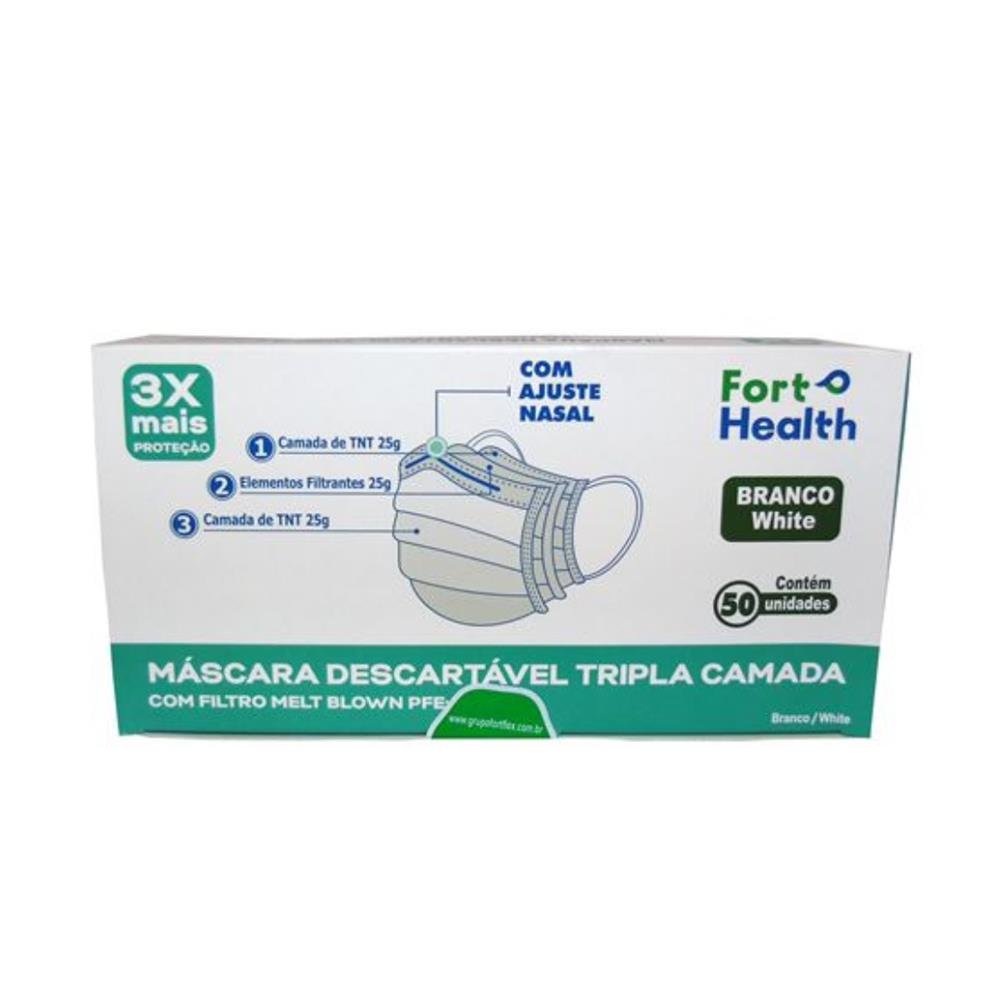 Mascara Descartavel Tripla Camada Fort Health Branca 50 Unidades