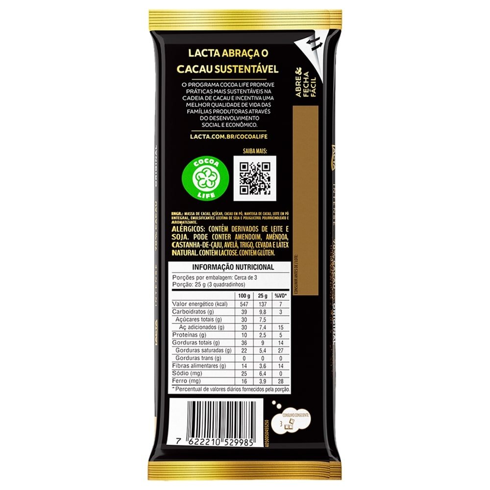 Chocolate Lacta Intense 70 Cacau Original 85g -  Embalagem com 17 Unidades
