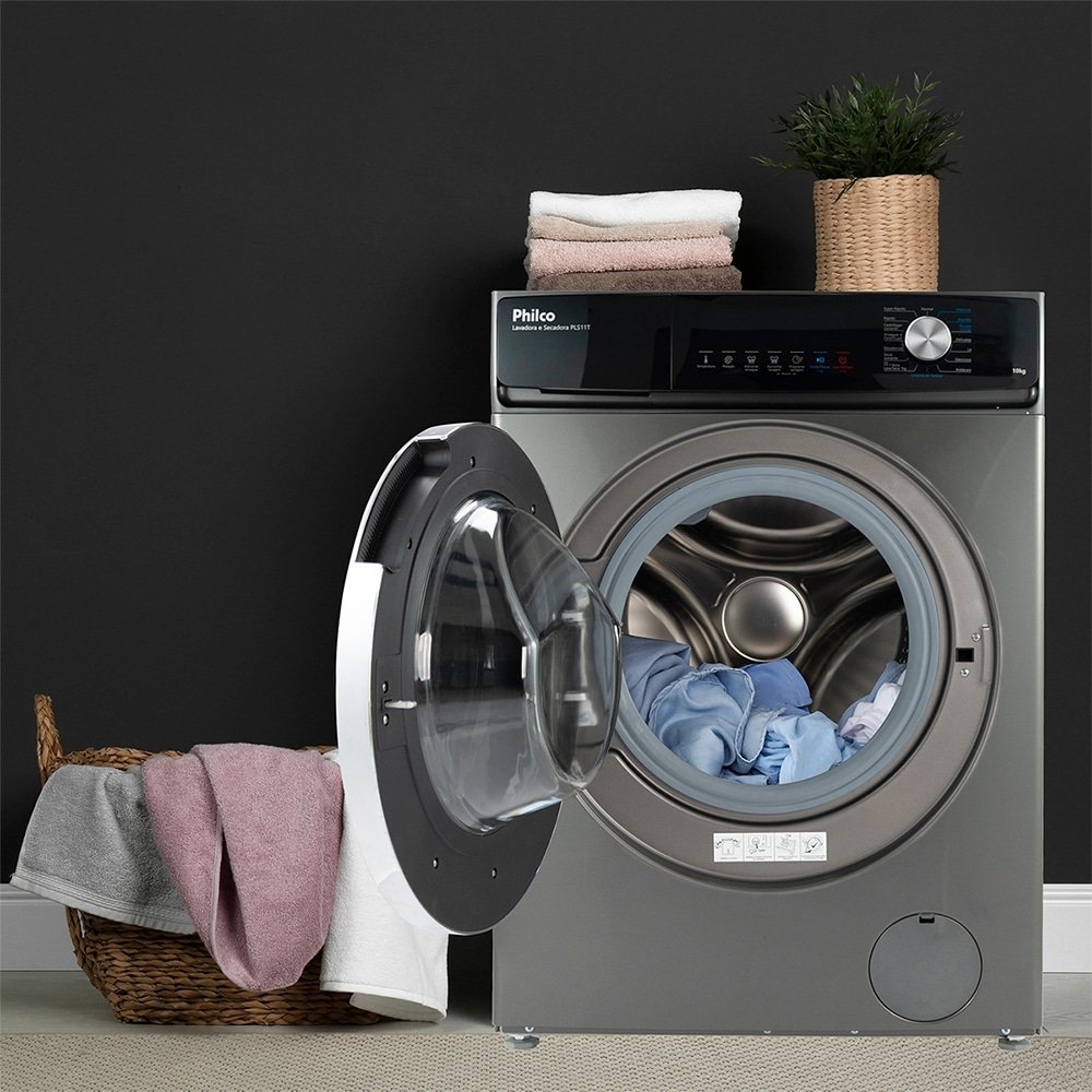 Máquina de Lavar Roupas 10Kg Philco PLS11T - Lava e Seca, Inox, 110V