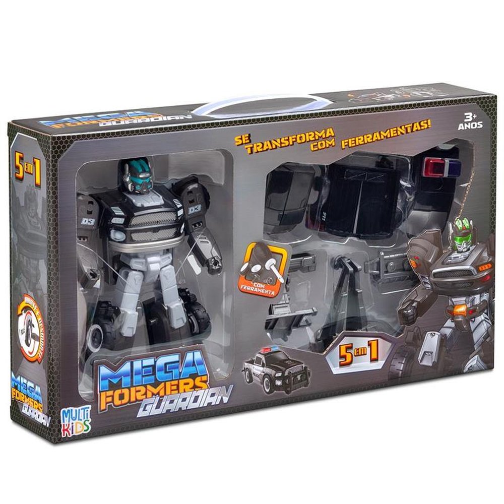 Carrinho Transformável Megaformers Super Guardian 5 em 1 Preto com Ferramenta Multikids - BR1759