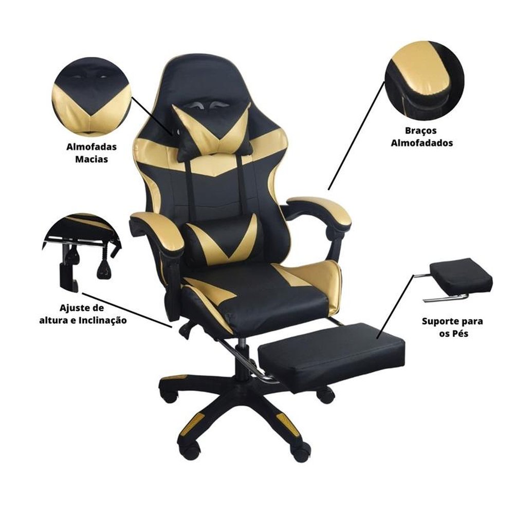 Cadeira Gamer Stillus Ergonômica Com Apoio Para Os Pés - Dourada