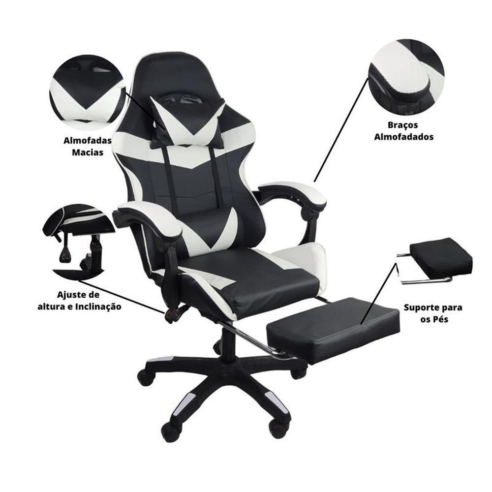 Cadeira Gamer Stillus Ergonômica Com Apoio Para Os Pés - Preta e Branca