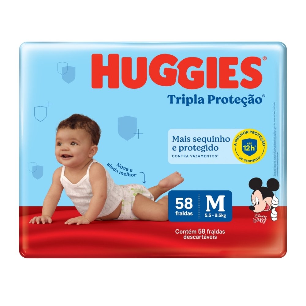 Fralda Descartável Huggies Tripla Proteção Mega+ Tamanho M -  4 Pacotes com 58 Fraldas - Total de 232 Tiras