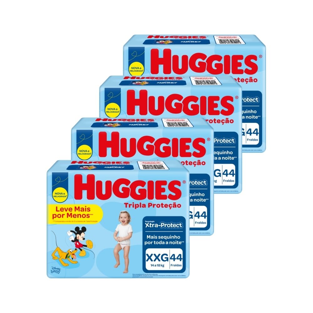 Fralda Descartável Huggies Tripla Proteção Mega+ Tamanho XXG - 4 Pacotes com 44 Fraldas - Total de 176 Tiras