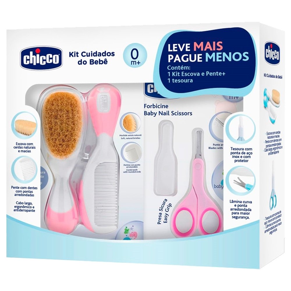Kit Escova e Pente + Tesoura Chicco Cuidados do Bebê Rosa