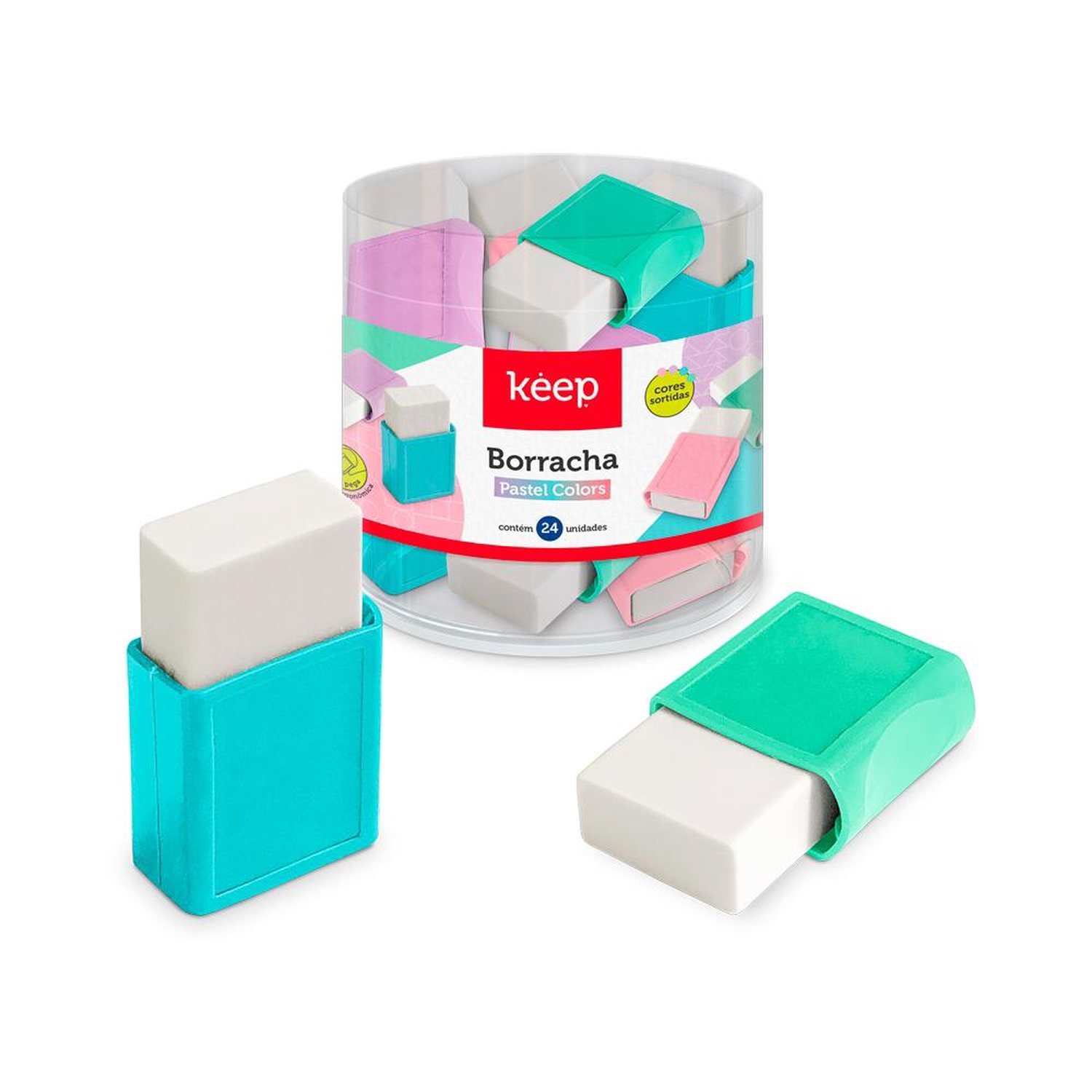 Borracha Pastel Colors com Cinta Pote com 24 Unidades Keep - EI129