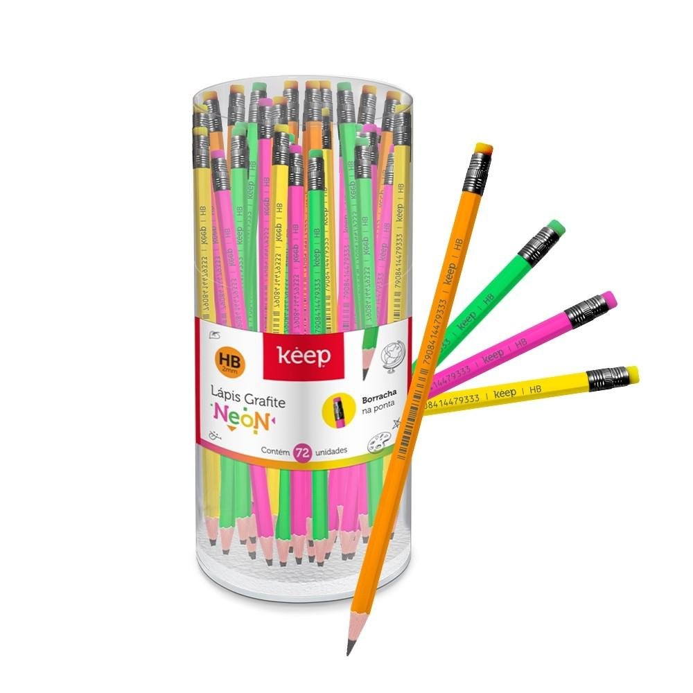 Lapis Grafite HB Neon Sextavado Resina com Borracha 4 Cores Com 72 Unidades Keep - EI150