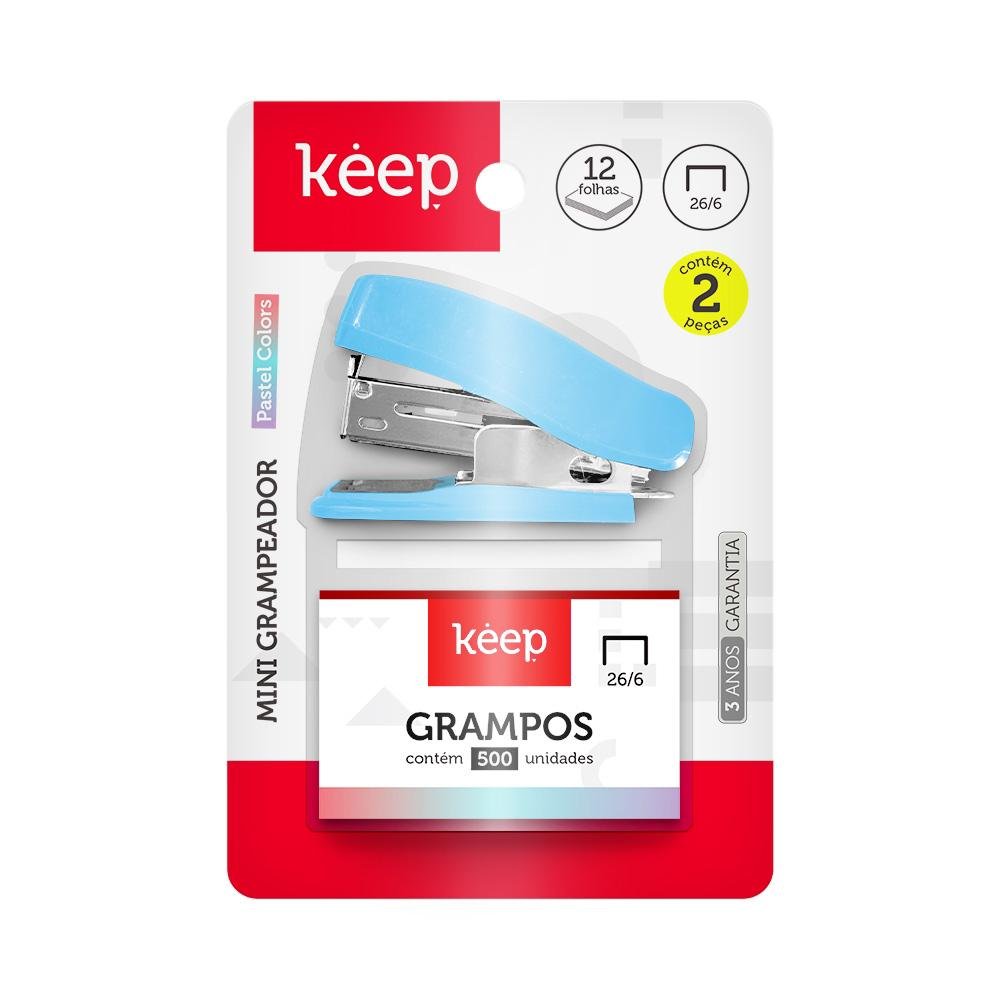 Mini Grampeador 15 Folhas Azul Blister de 500 Grampos 26/6 Keep - EI165