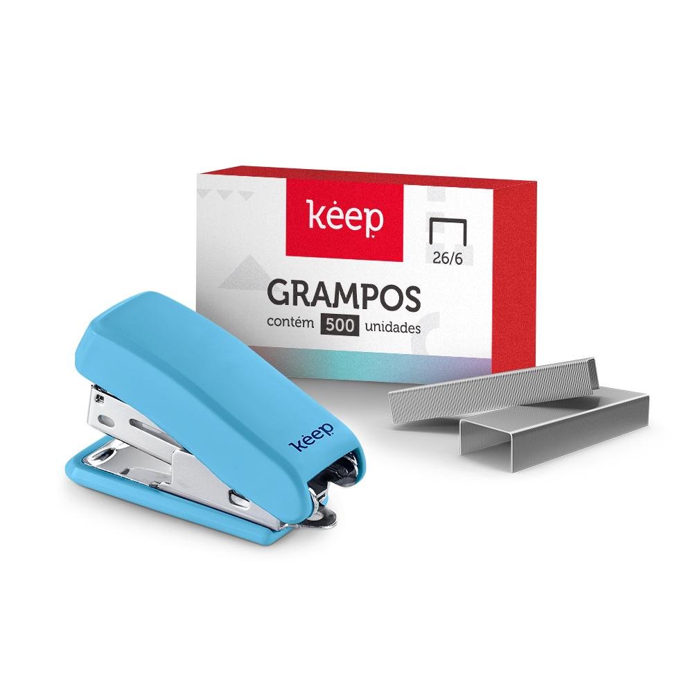 Mini Grampeador 15 Folhas Azul Blister de 500 Grampos 26/6 Keep - EI165