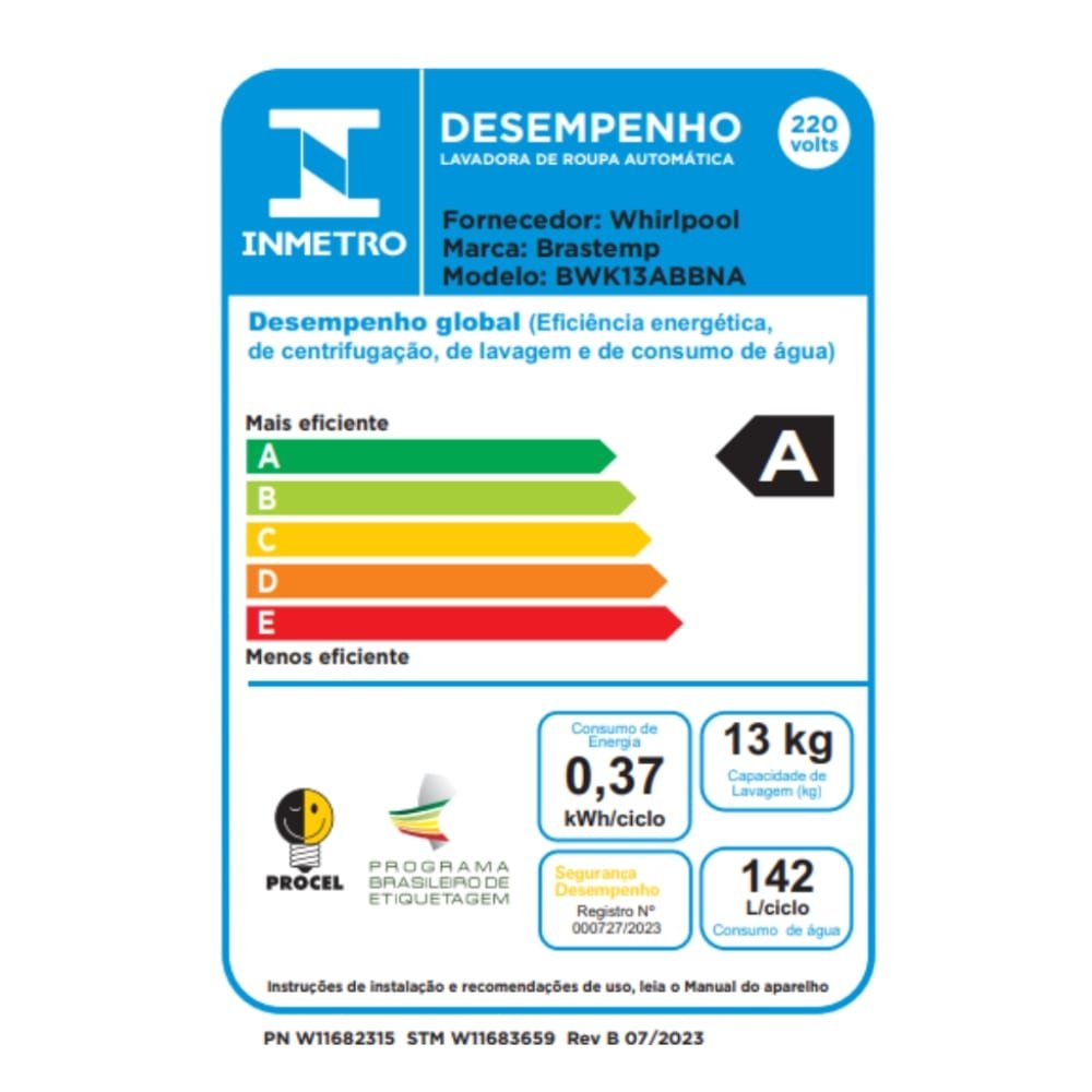 Máquina de Lavar Roupa 13Kg Brastemp BWK13 - Automática, Ciclo Tira Manchas, Branco, 220V