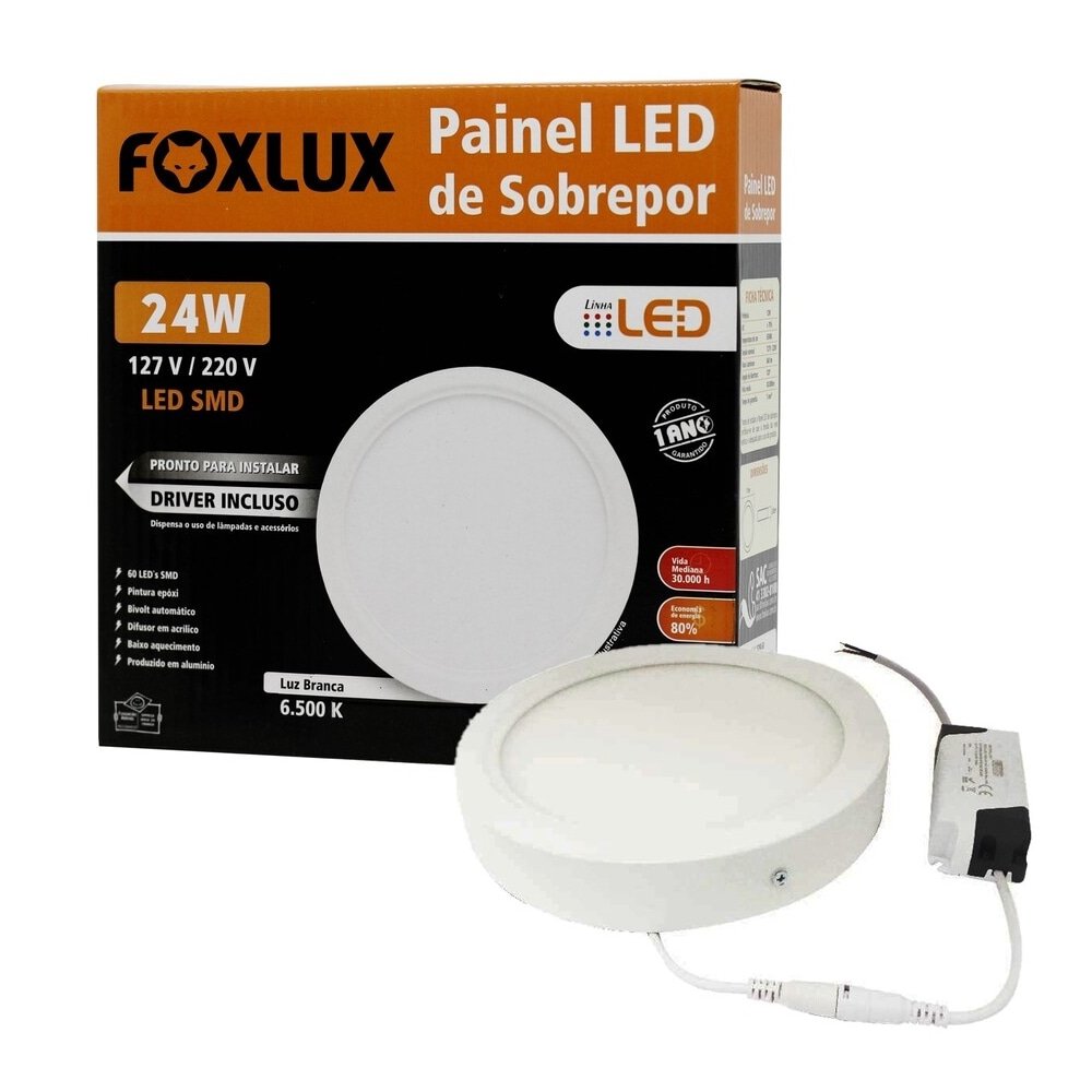 Plafon Painel Foxlux Led Redondo Sobrepor 30cm 24W 6,5K