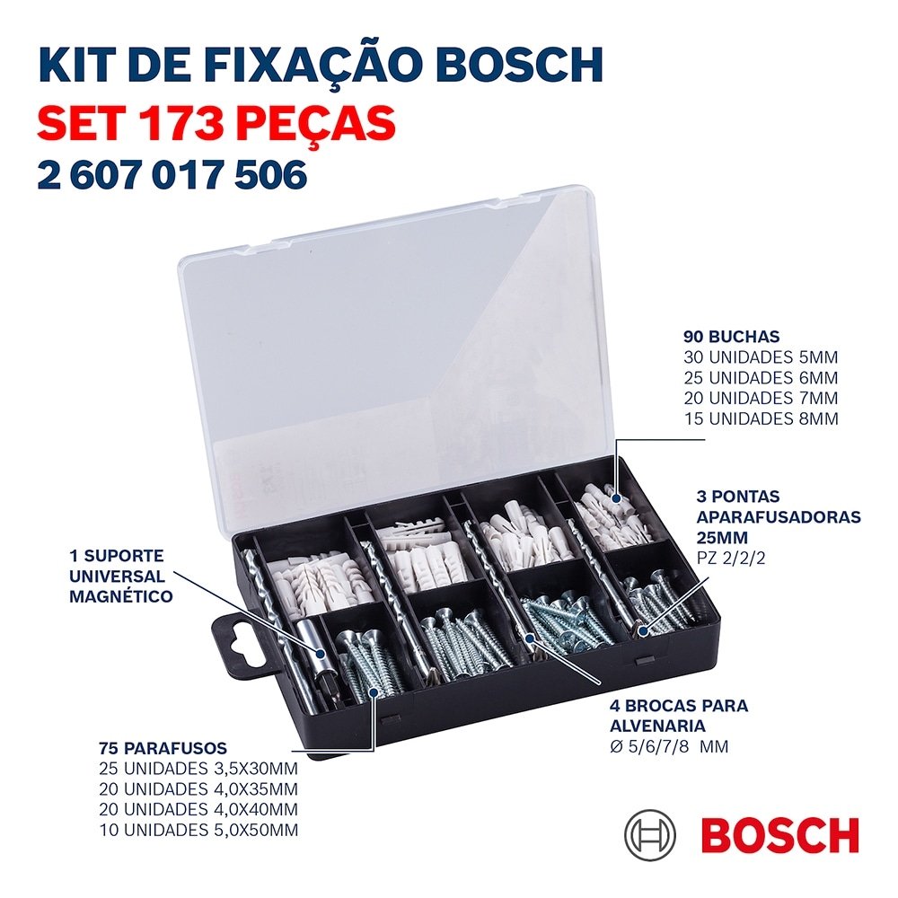 Kit de Fixação Bosch - Brocas, Pontas, Parafusos e Pregos 173 Peças