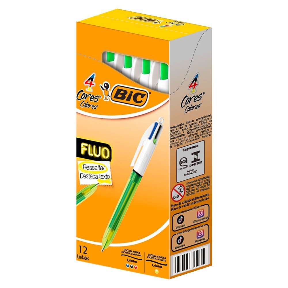 Caneta Bic 4 Cores Fluorescente - Embalagem com 12 Unidades