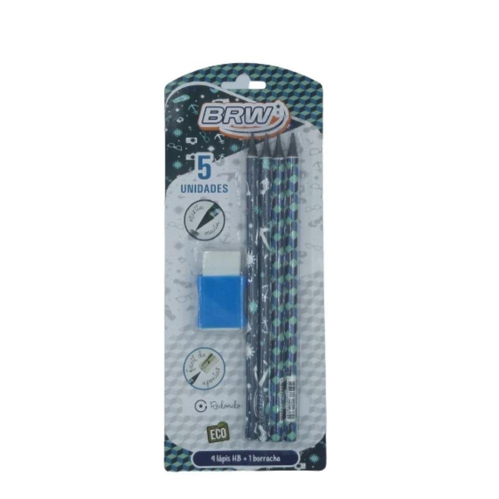 Kit Escolar Azul BRW 4 Lápis + 1 Borracha