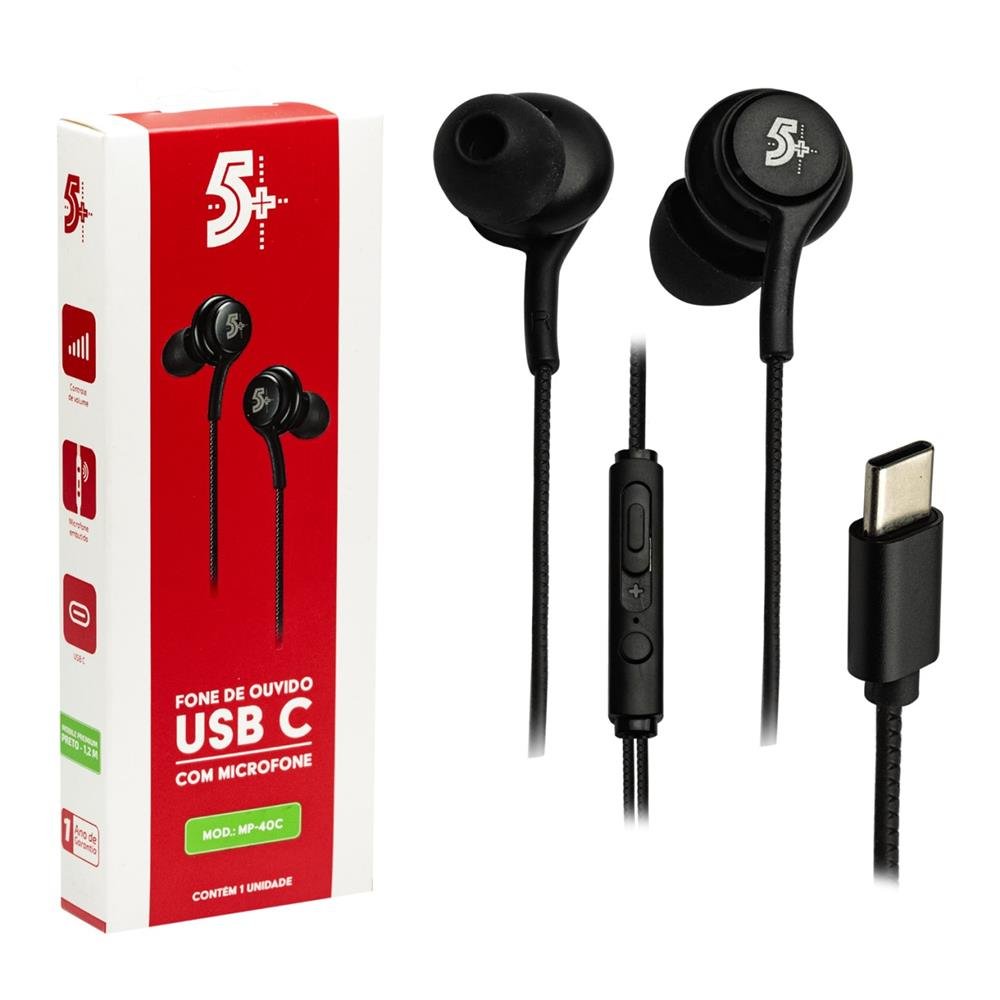 Fone De Ouvido Com Fio 5+, Auricular, Usb-c - Preto - 043-0040