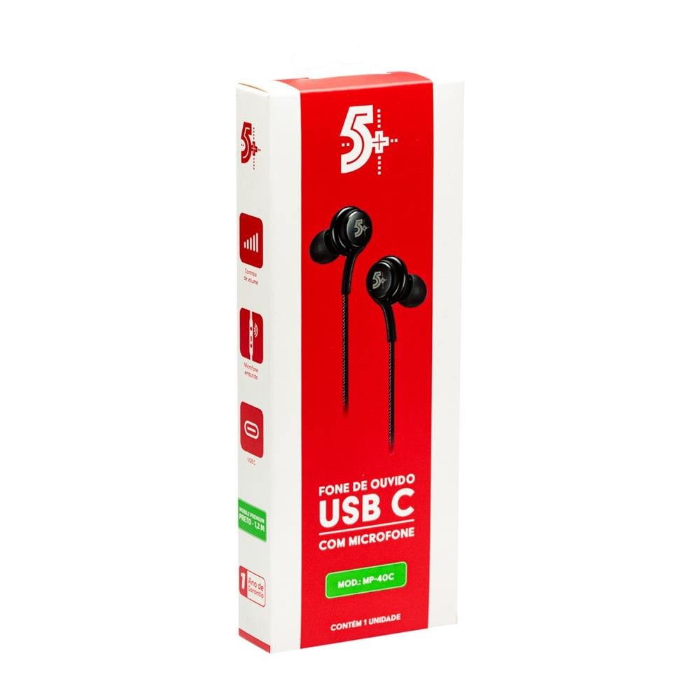 Fone De Ouvido Com Fio 5+, Auricular, Usb-c - Preto - 043-0040