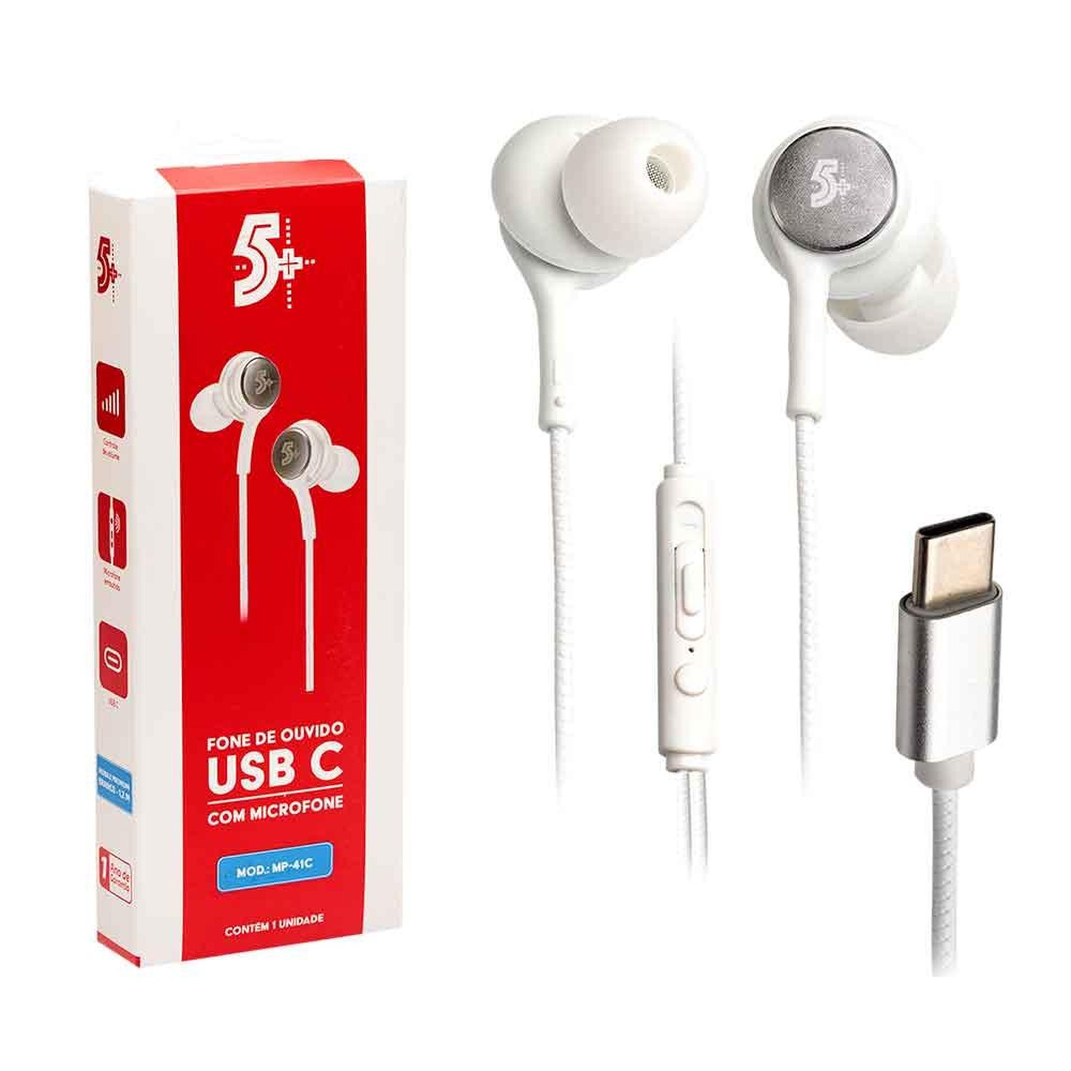 Fone de Ouvido com Microfone Intra-Auricular In Ear, Cabo 1,2m Conexão USB-C Branco 5+