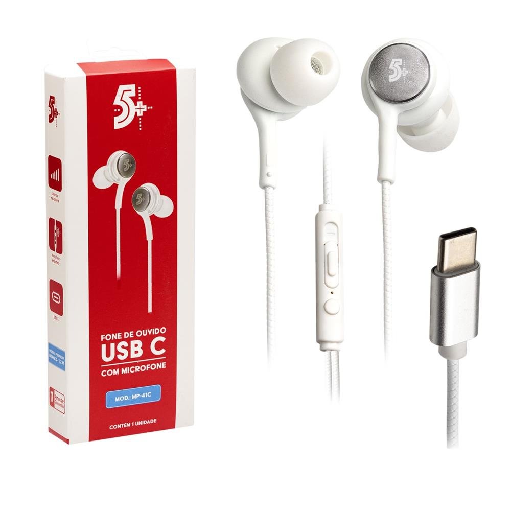 Fone de Ouvido Com Fio 5+, Auricular, USB-C - Branco - 043-0041