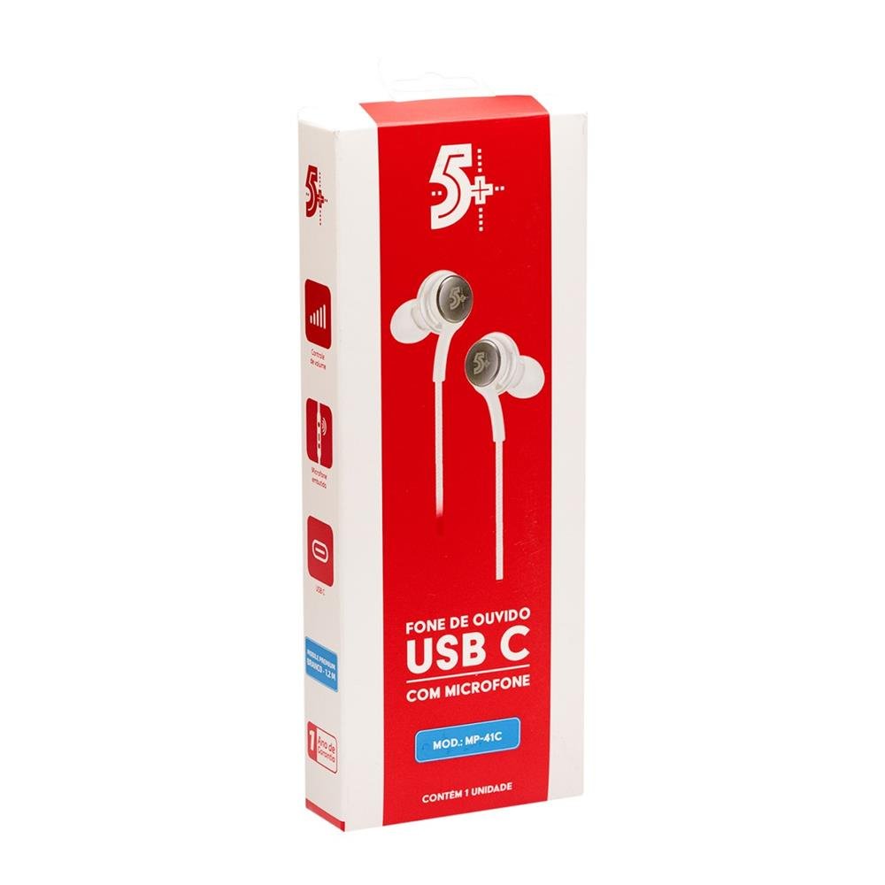 Fone de Ouvido Com Fio 5+, Auricular, USB-C - Branco - 043-0041