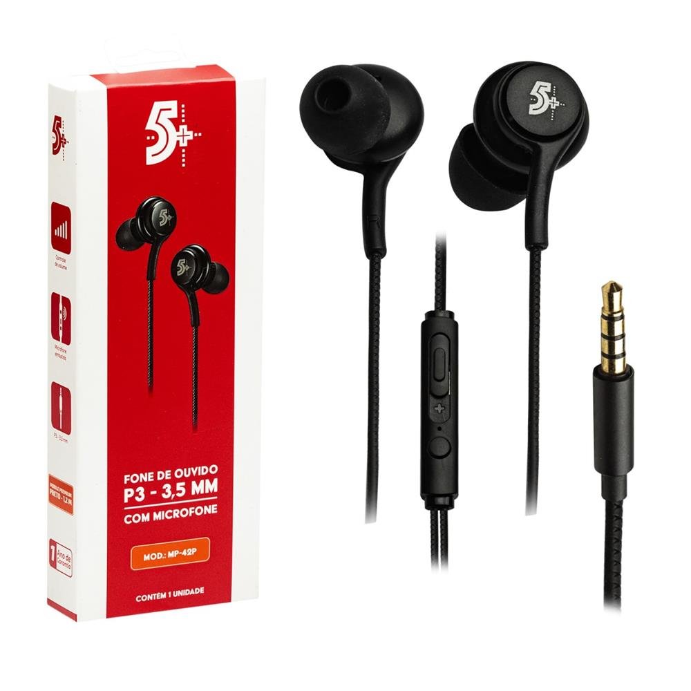 Fone de Ouvido com Microfone Intra-Auricular In Ear Cabo 1,2m Preto 5+