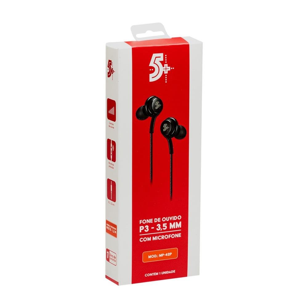 Fone de Ouvido com Microfone Intra-Auricular In Ear Cabo 1,2m Preto 5+