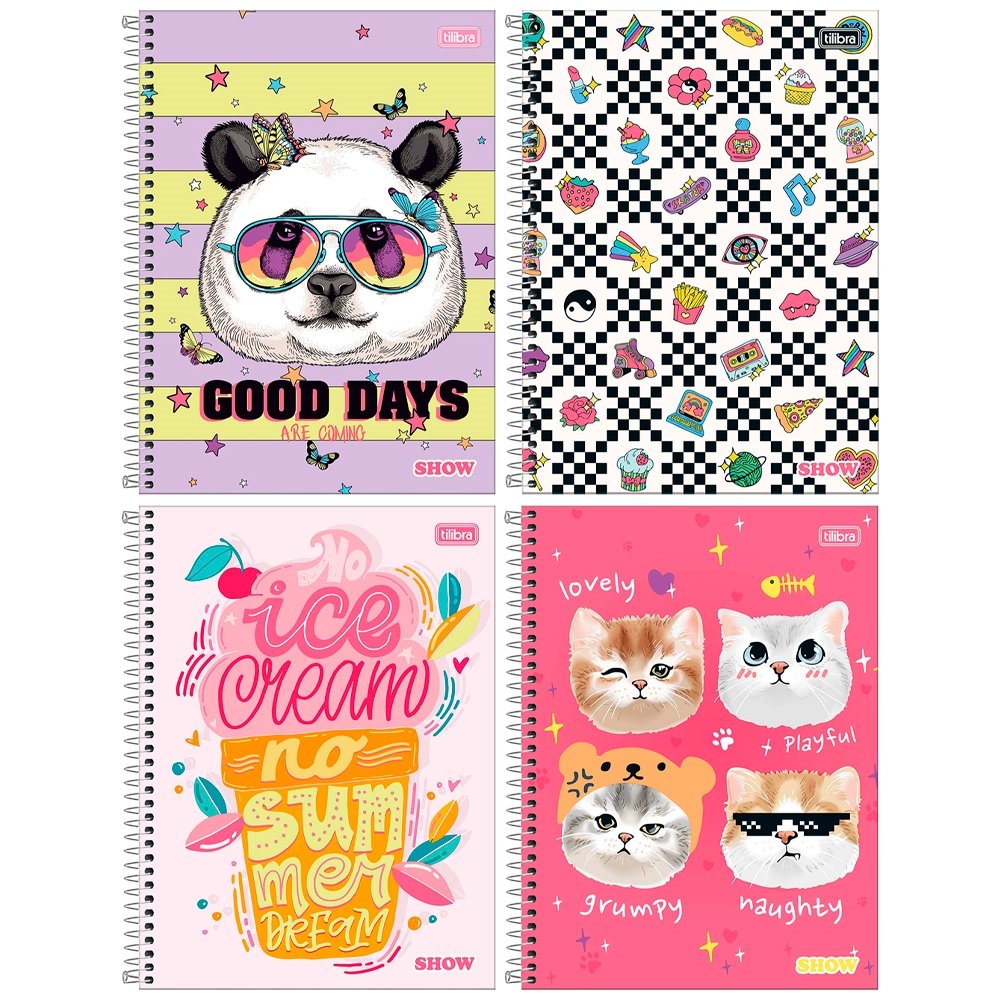 Caderno Espiral Tilibra Universitário - Capa Dura 10 Matérias Show Feminino 160 Folhas - Embalagem com 4 Unidades