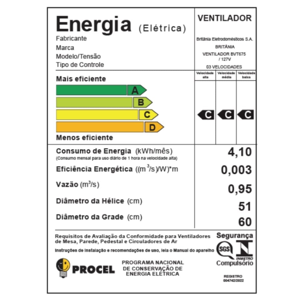 Ventilador de Parede Britânia BVT675 Max Force 60cm - 8 Pás, 3 Velocidades, Preto, 110V