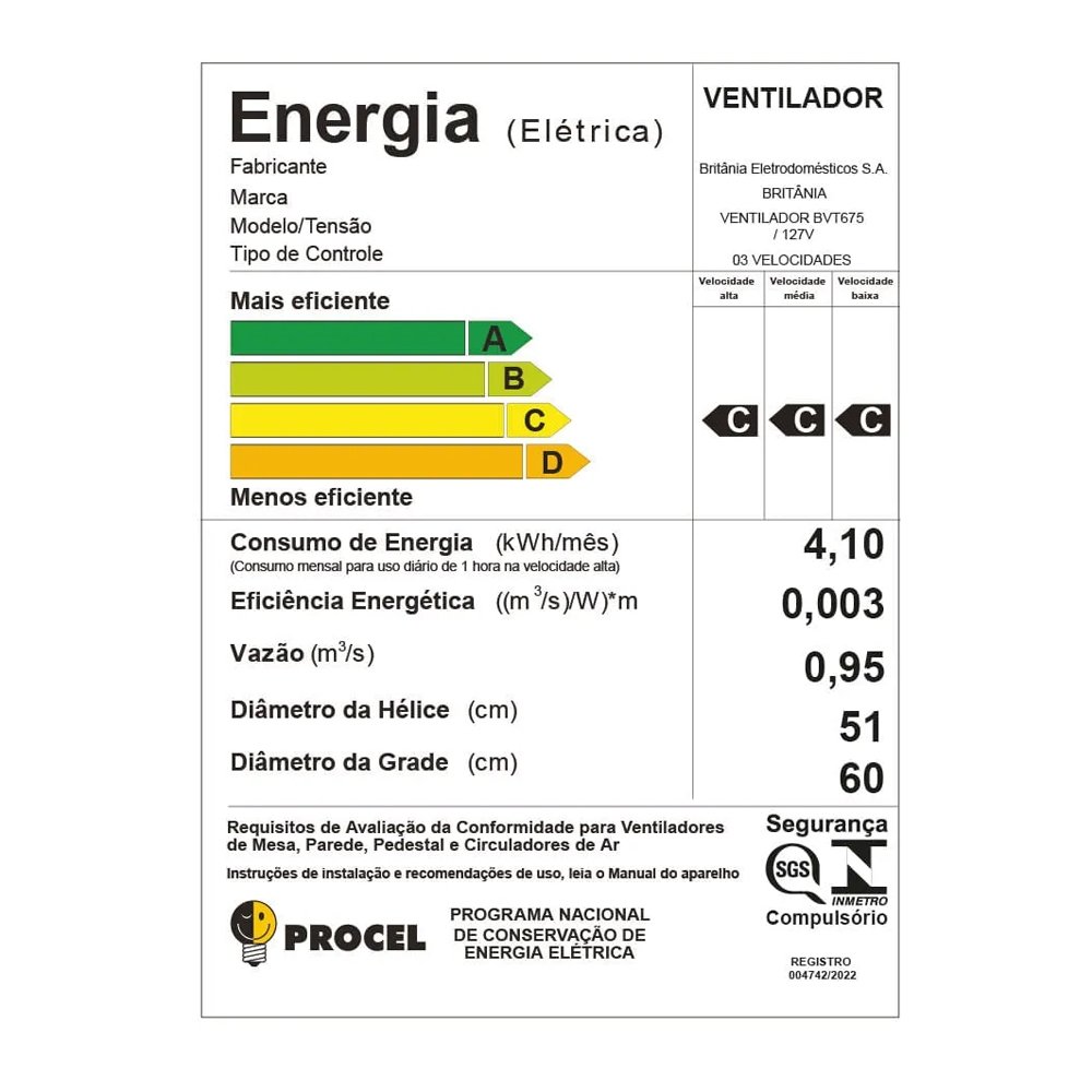 Ventilador de Parede Britânia BVT675 Max Force 60cm - 8 Pás, 3 Velocidades, Preto, 110V