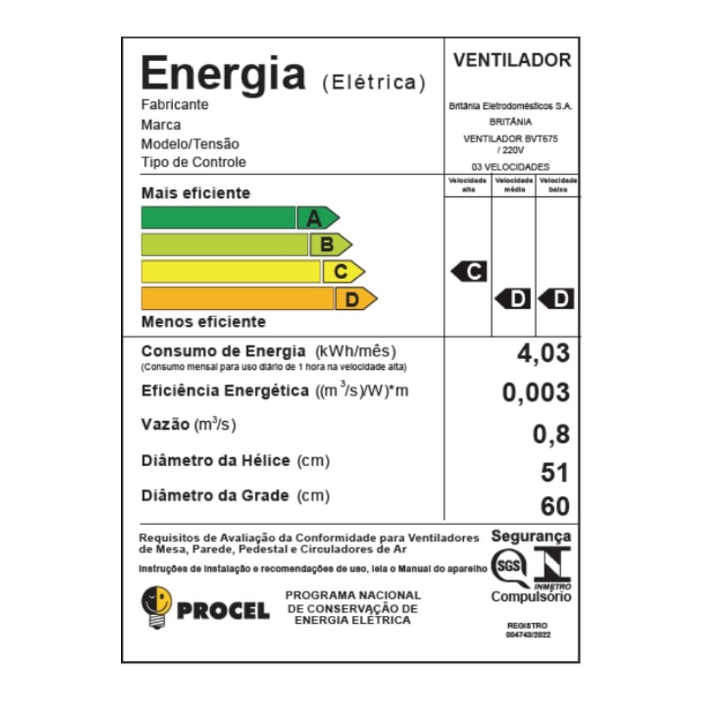 Ventilador de Parede Britânia BVT675 Max Force 60cm - 8 Pás, 3 Velocidades, Preto, 220V