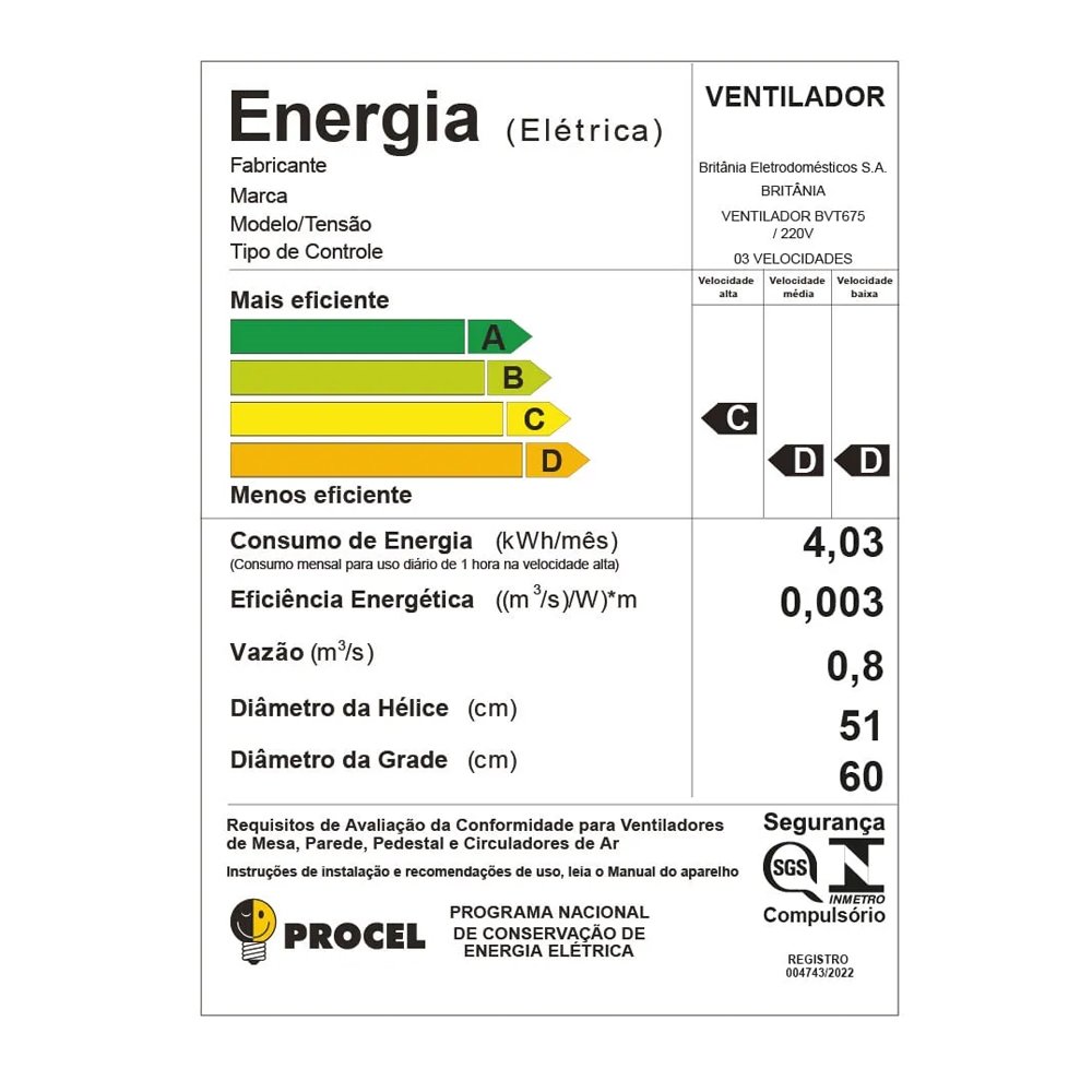 Ventilador de Parede Britânia BVT675 Max Force 60cm - 8 Pás, 3 Velocidades, Preto, 220V